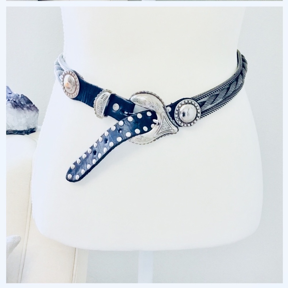 French Vintage west buckle tip leather chain belt